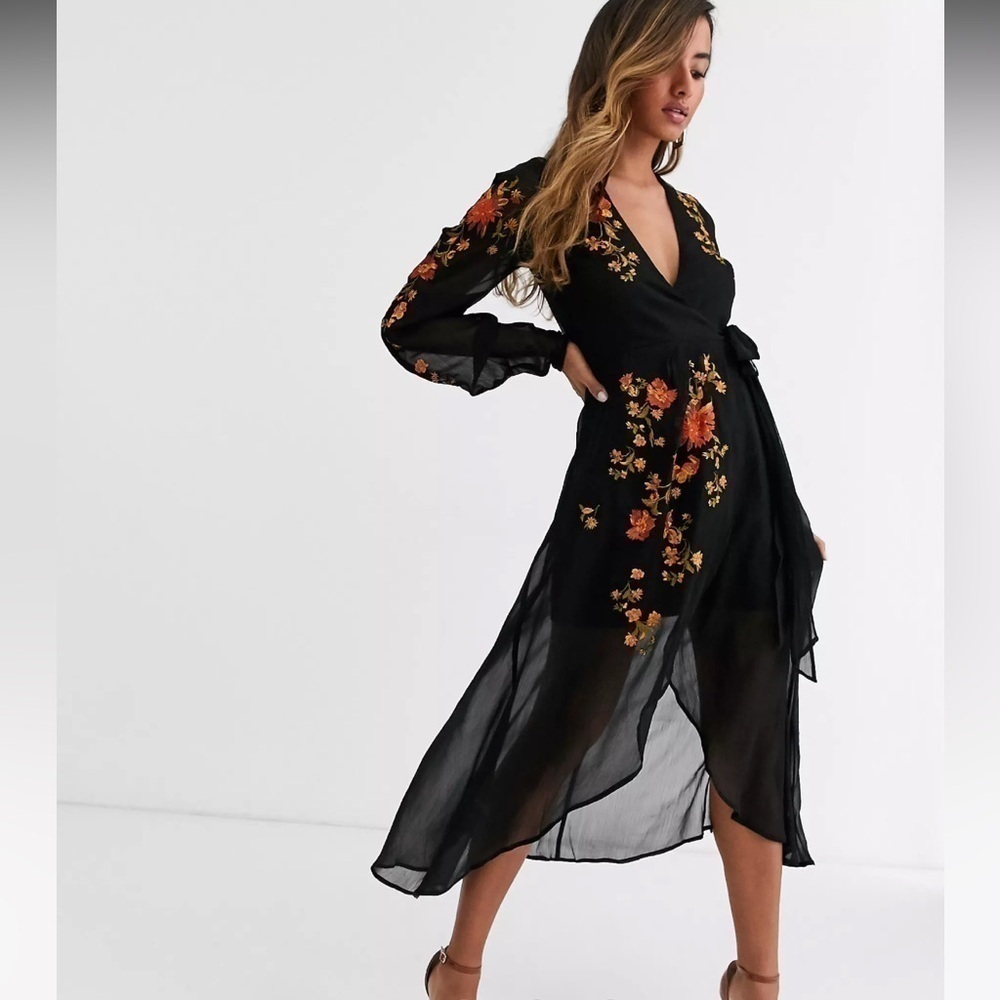 ASOS DESIGN wrap front midi dress with embroidery